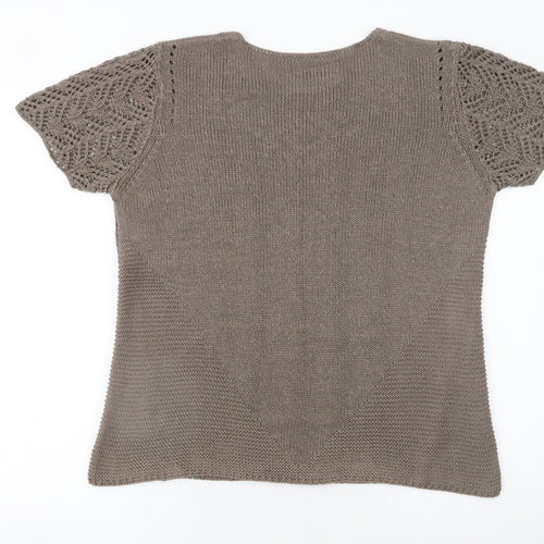 Afibel Women’s Brown Crochet Knit Short Sleeve Pullover Jumper Size 16