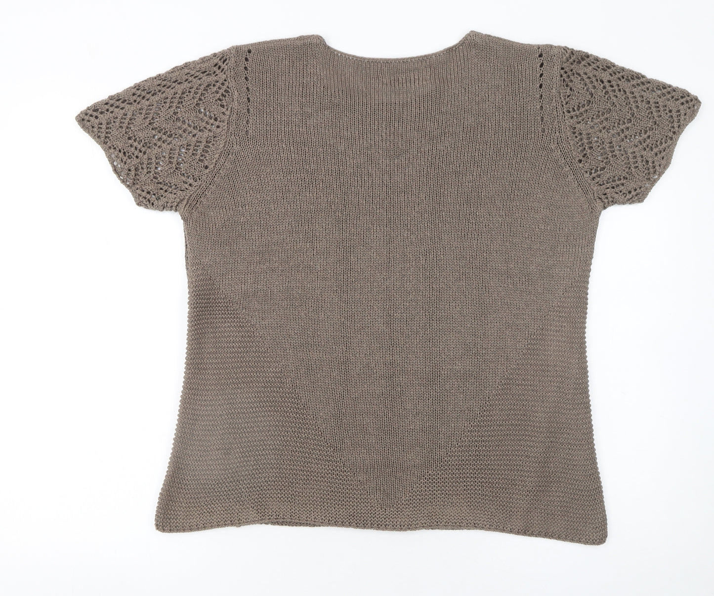 Afibel Women’s Brown Crochet Knit Short Sleeve Pullover Jumper Size 16