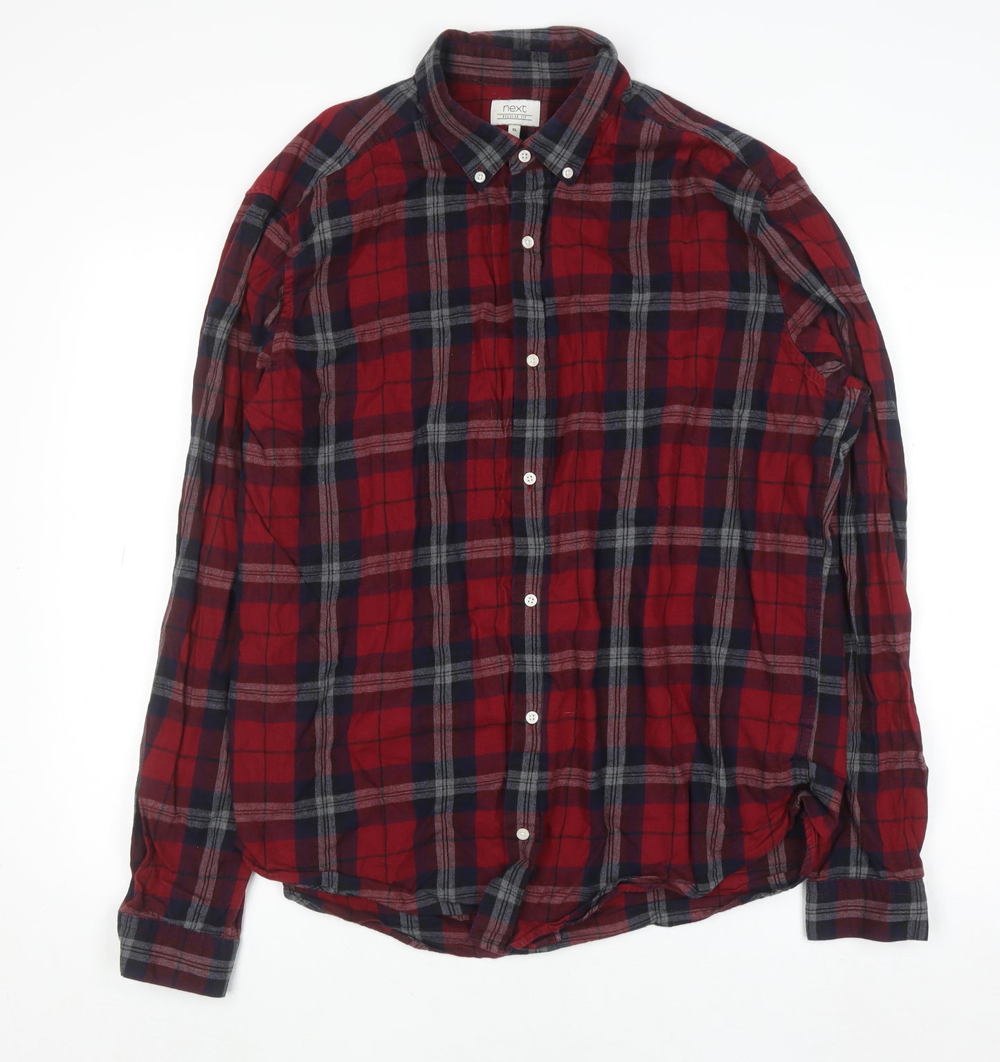 Next Men's Red Check Flannel Button-Down Shirt XL Long Sleeve