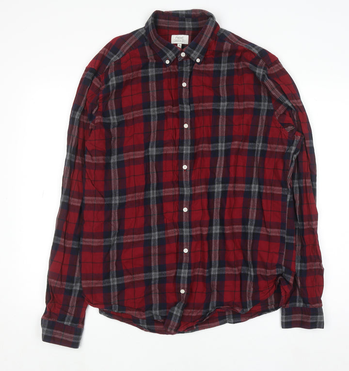 Next Men's Red Check Flannel Button-Down Shirt XL Long Sleeve