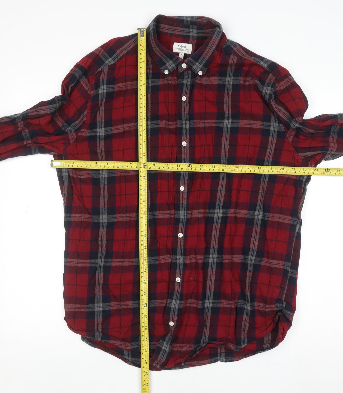 Next Men's Red Check Flannel Button-Down Shirt XL Long Sleeve