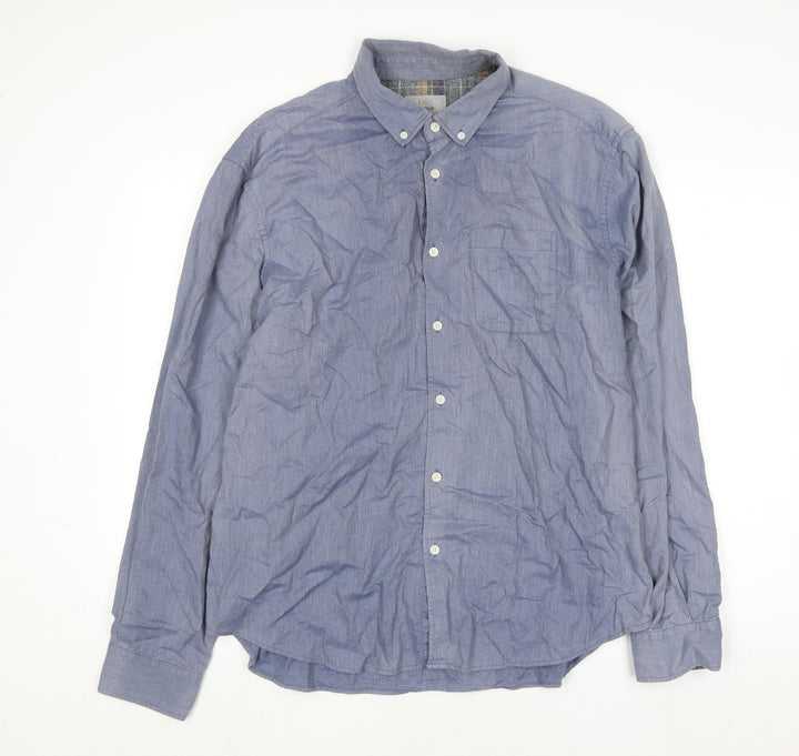 Marks and Spencer Men's Blue Tailored Fit Cotton Button-Up Shirt XL