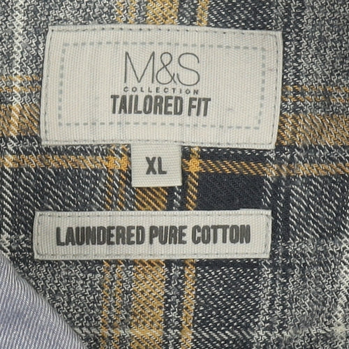 Marks and Spencer Men's Blue Tailored Fit Cotton Button-Up Shirt XL