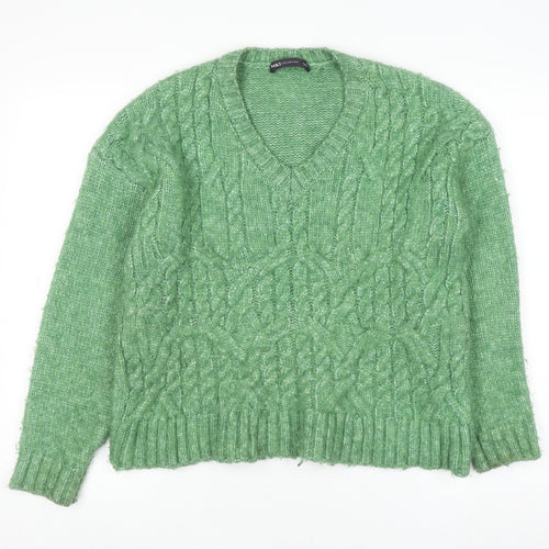 Marks and Spencer Womens Green Cable Knit V-Neck Pullover Jumper Size S