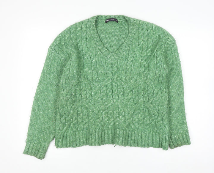 Marks and Spencer Womens Green Cable Knit V-Neck Pullover Jumper Size S