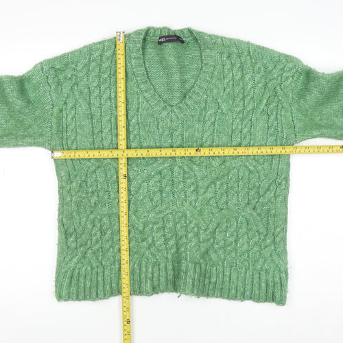 Marks and Spencer Womens Green Cable Knit V-Neck Pullover Jumper Size S