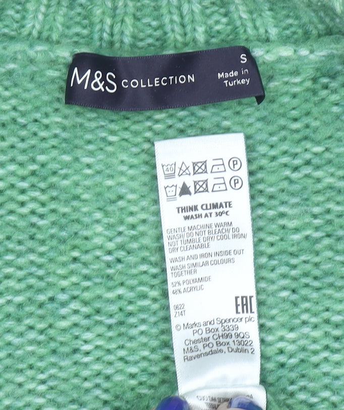 Marks and Spencer Womens Green Cable Knit V-Neck Pullover Jumper Size S