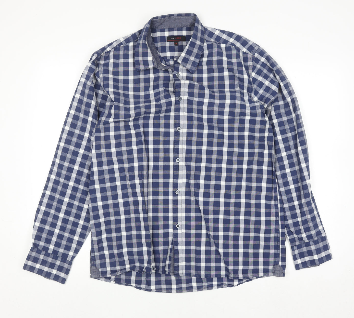 AR RED Men’s Blue Check Cotton Long Sleeve Button-Up Shirt XL
