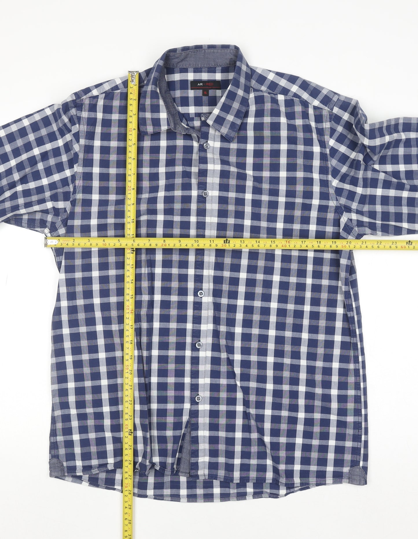 AR RED Men’s Blue Check Cotton Long Sleeve Button-Up Shirt XL