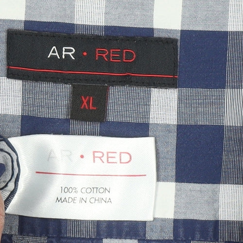 AR RED Men’s Blue Check Cotton Long Sleeve Button-Up Shirt XL