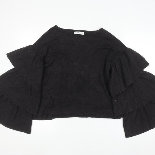 Zara Women Black Ruffle Flared Sleeve Knit Jumper Size S