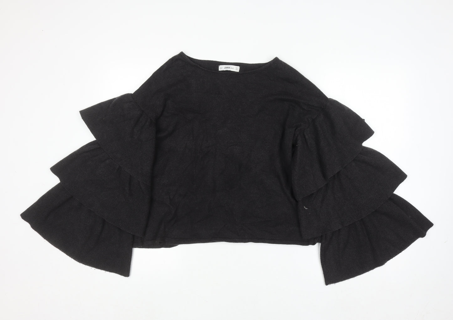 Zara Women Black Ruffle Flared Sleeve Knit Jumper Size S