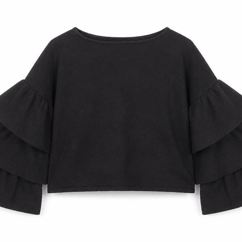 Zara Women Black Ruffle Flared Sleeve Knit Jumper Size S