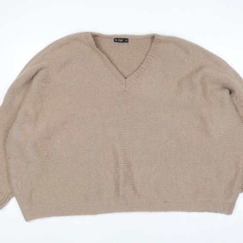 F&F Women Beige V-Neck Knit Pullover Jumper Size L