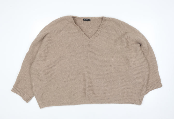 F&F Women Beige V-Neck Knit Pullover Jumper Size L