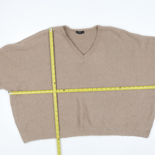 F&F Women Beige V-Neck Knit Pullover Jumper Size L