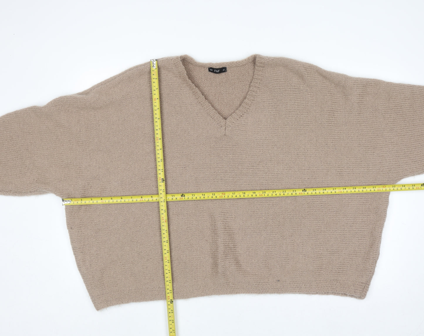 F&F Women Beige V-Neck Knit Pullover Jumper Size L