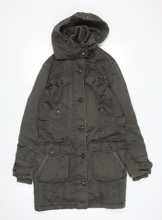 Esprit Women's Green Hooded Long Parka Coat Size 12 Cotton Lined