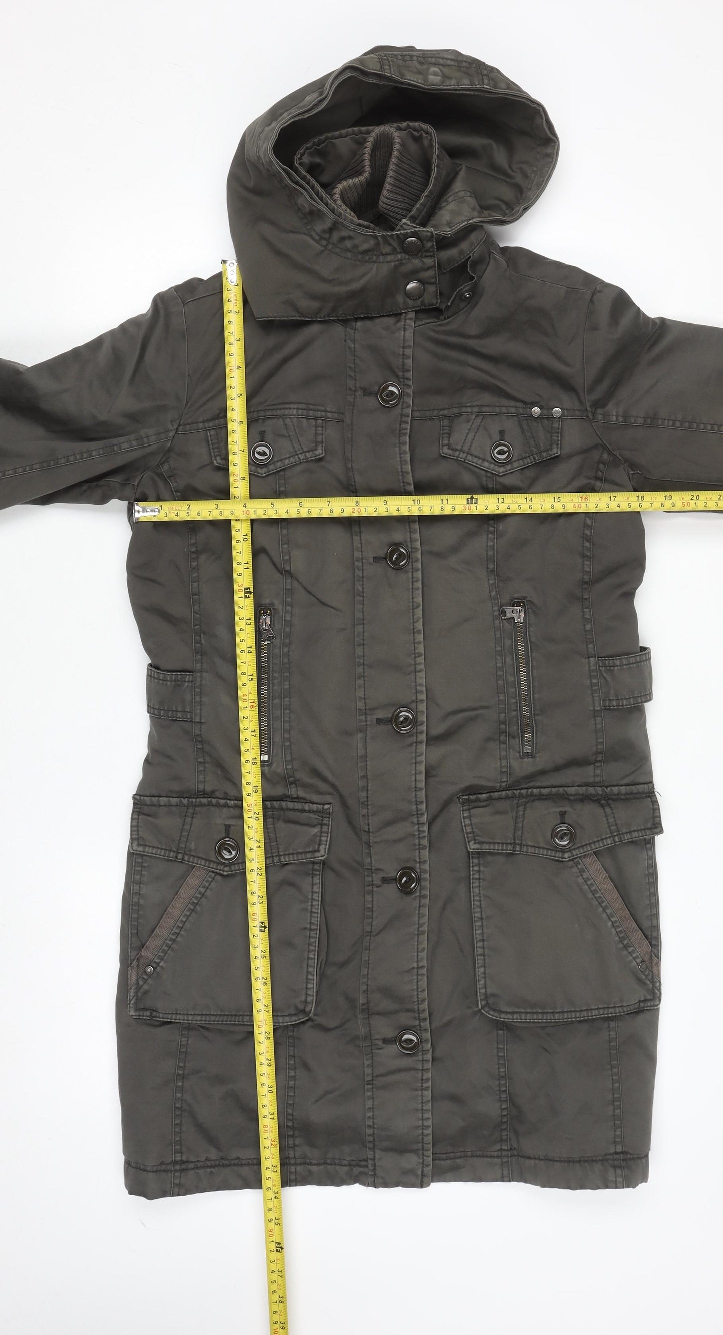 Esprit Women's Green Hooded Long Parka Coat Size 12 Cotton Lined