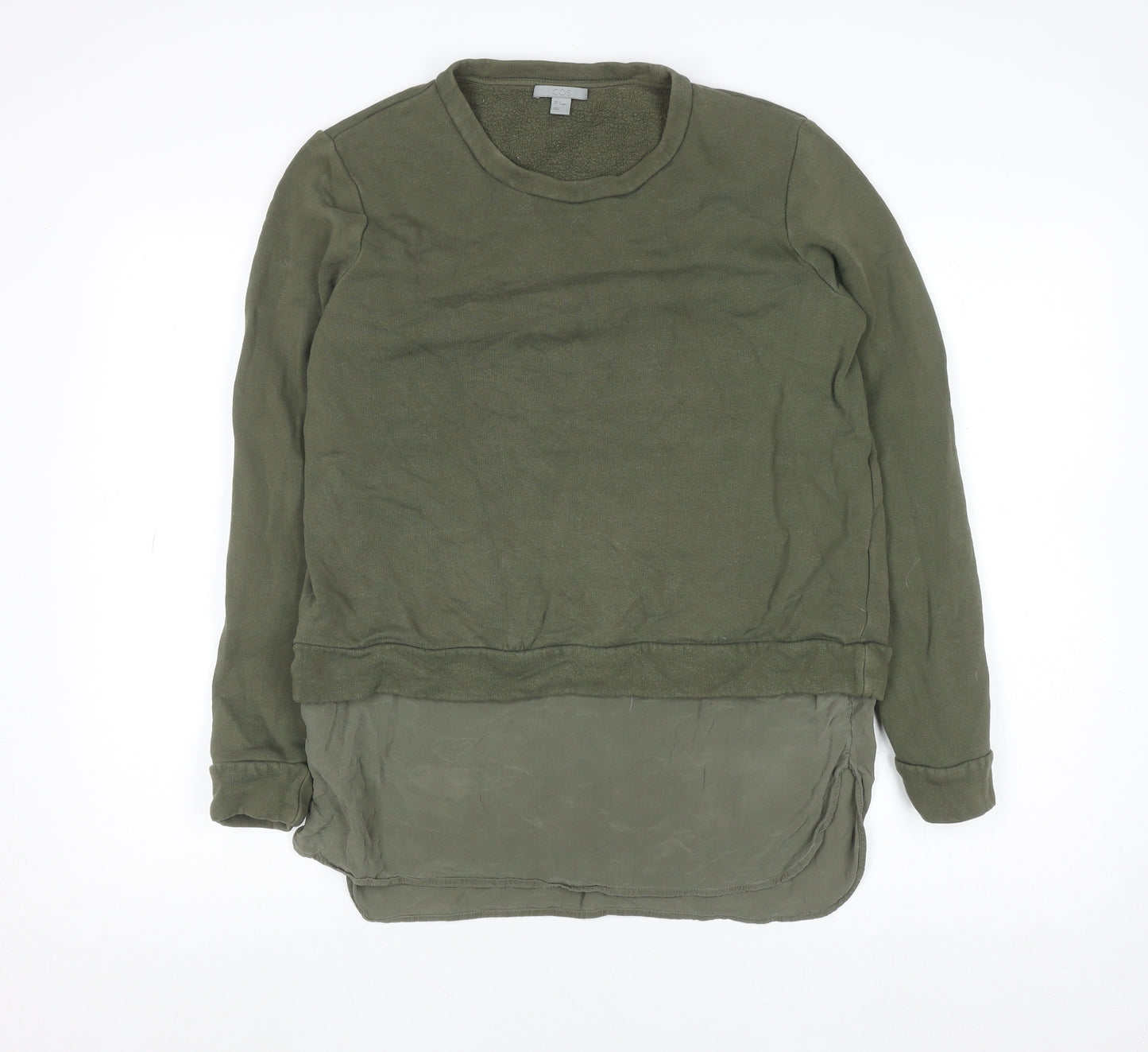 COS Women Green Silk Hem Long Sleeve Crew Neck Pullover Jumper Size S
