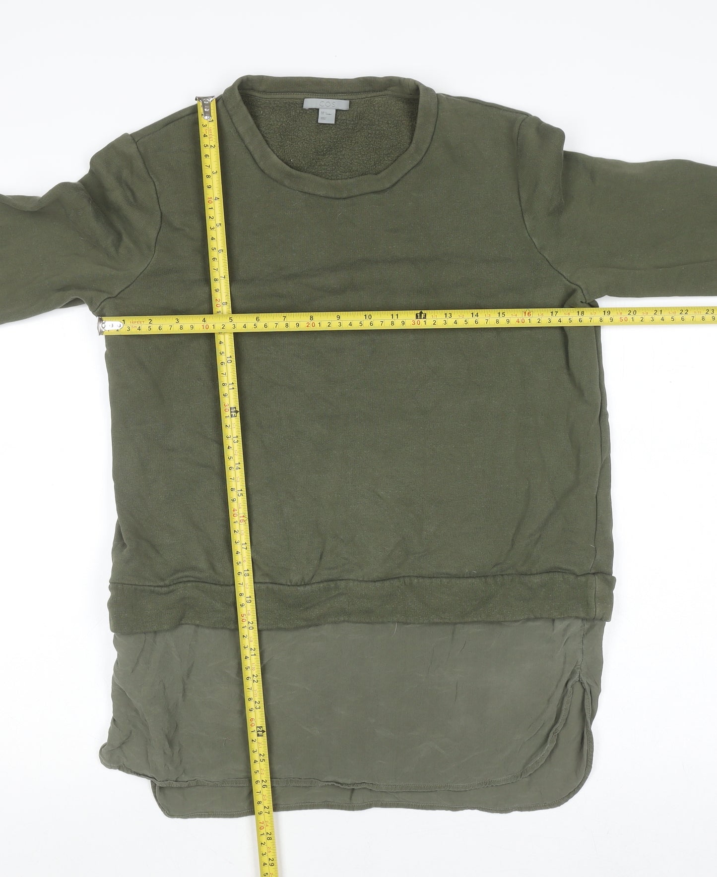 COS Women Green Silk Hem Long Sleeve Crew Neck Pullover Jumper Size S
