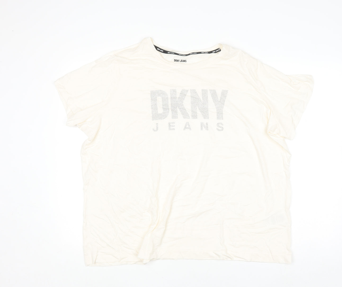 DKNY Jeans Women's Ivory Beaded Logo Cotton Modal T-Shirt Size 18 Plus