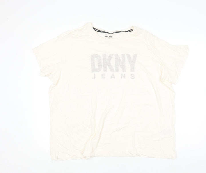 DKNY Jeans Women's Ivory Beaded Logo Cotton Modal T-Shirt Size 18 Plus