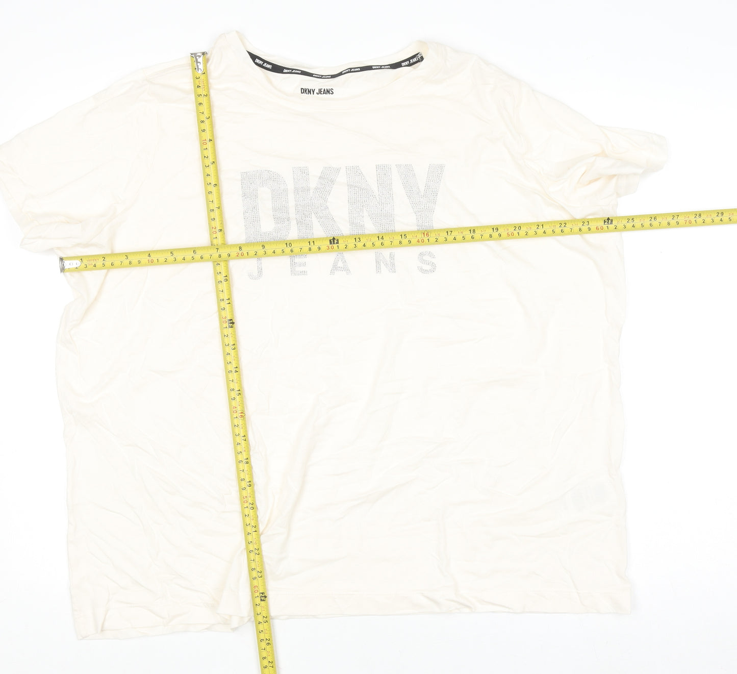 DKNY Jeans Women's Ivory Beaded Logo Cotton Modal T-Shirt Size 18 Plus