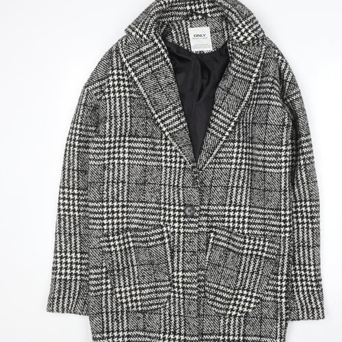 ONLY Women's Black Check Tweed Overcoat Size S Classic Mid-Length Coat