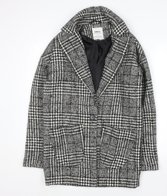 ONLY Women's Black Check Tweed Overcoat Size S Classic Mid-Length Coat