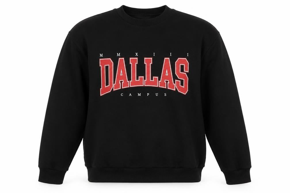 Front view of boohooMAN Men's Black Dallas Campus Sweatshirt Medium Crew Neck
