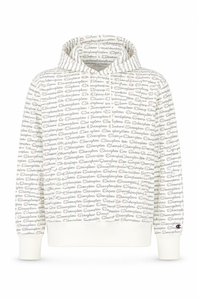 Front view of Champion men’s white logo pullover hoodie, size M