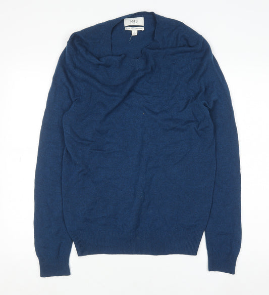 Marks and Spencer Men's Blue Wool V-Neck Pullover Jumper M
