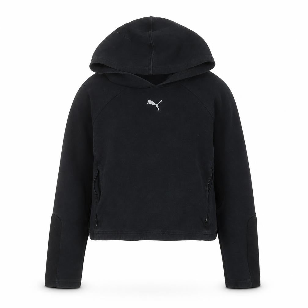 Front view of Puma Women's Black Cotton Hoodie, size M, Pullover Hooded Sweatshirt