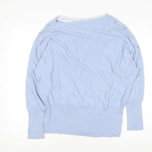 Mint Velvet Women Blue L Boat Neck Lightweight Button Detail Jumper