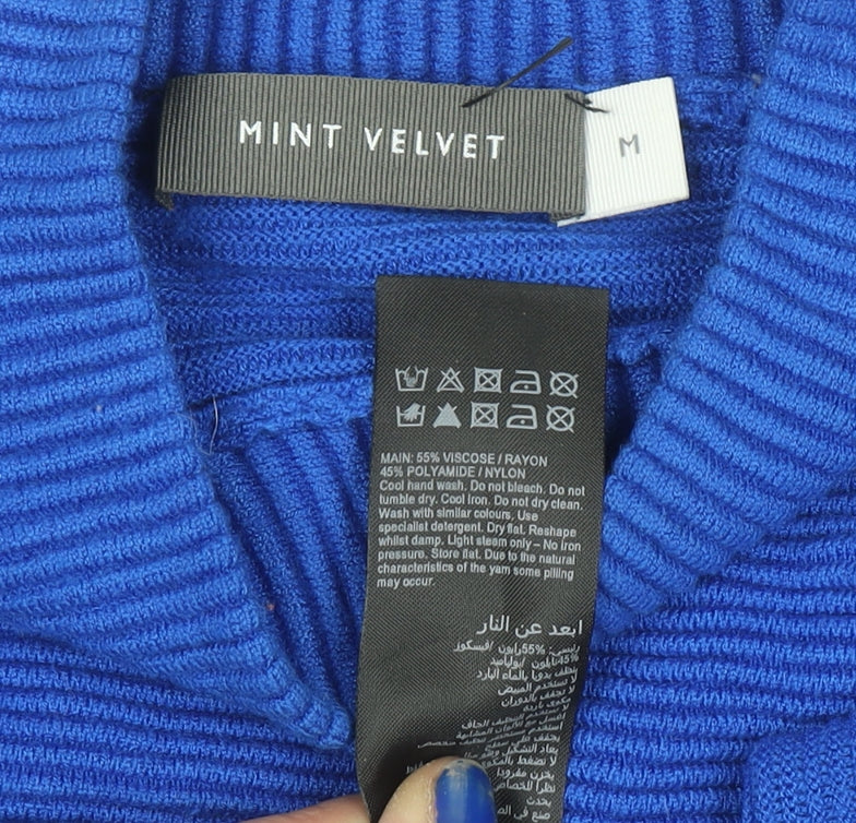 Mint Velvet Women's Blue Mock Neck Rib Knit Pullover Jumper Size M