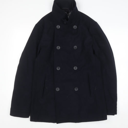 French Connection Men's Black Wool Pea Coat Jacket Size S Winter Smart