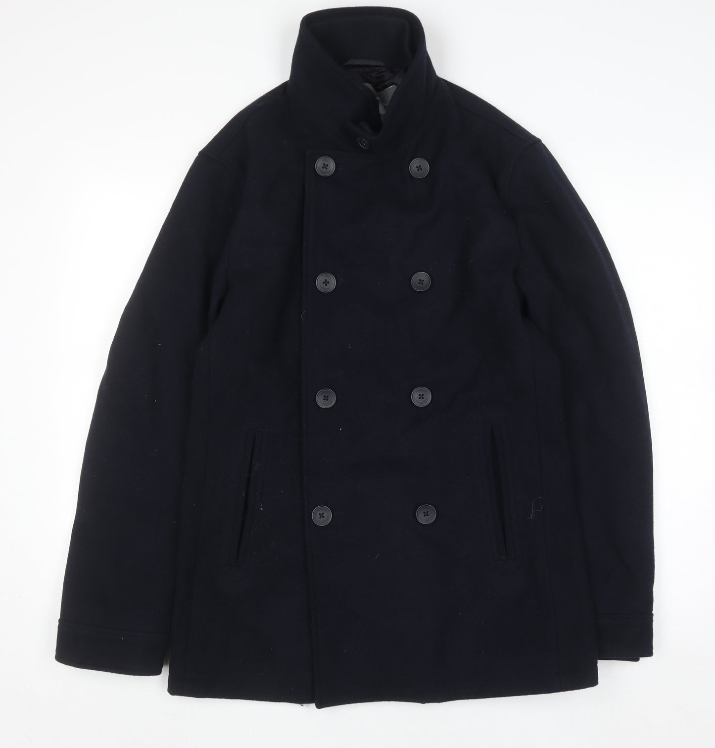 French Connection Men's Black Wool Pea Coat Jacket Size S Winter Smart