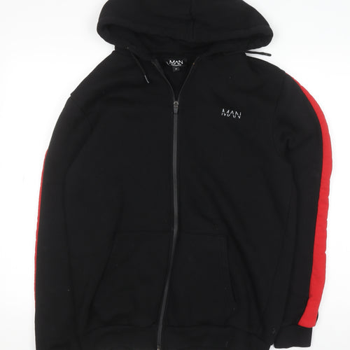 boohooMAN Men's Black Full Zip Hoodie Size M with Red Stripe Detail