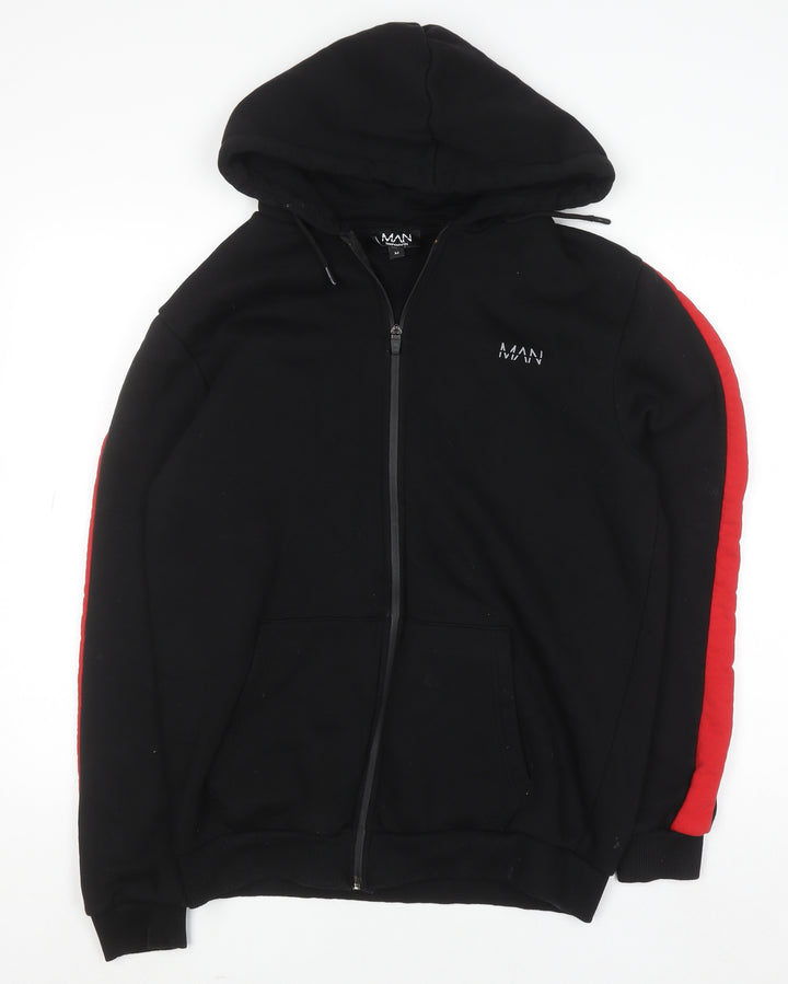 boohooMAN Men's Black Full Zip Hoodie Size M with Red Stripe Detail