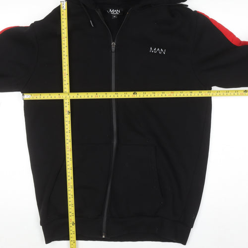boohooMAN Men's Black Full Zip Hoodie Size M with Red Stripe Detail