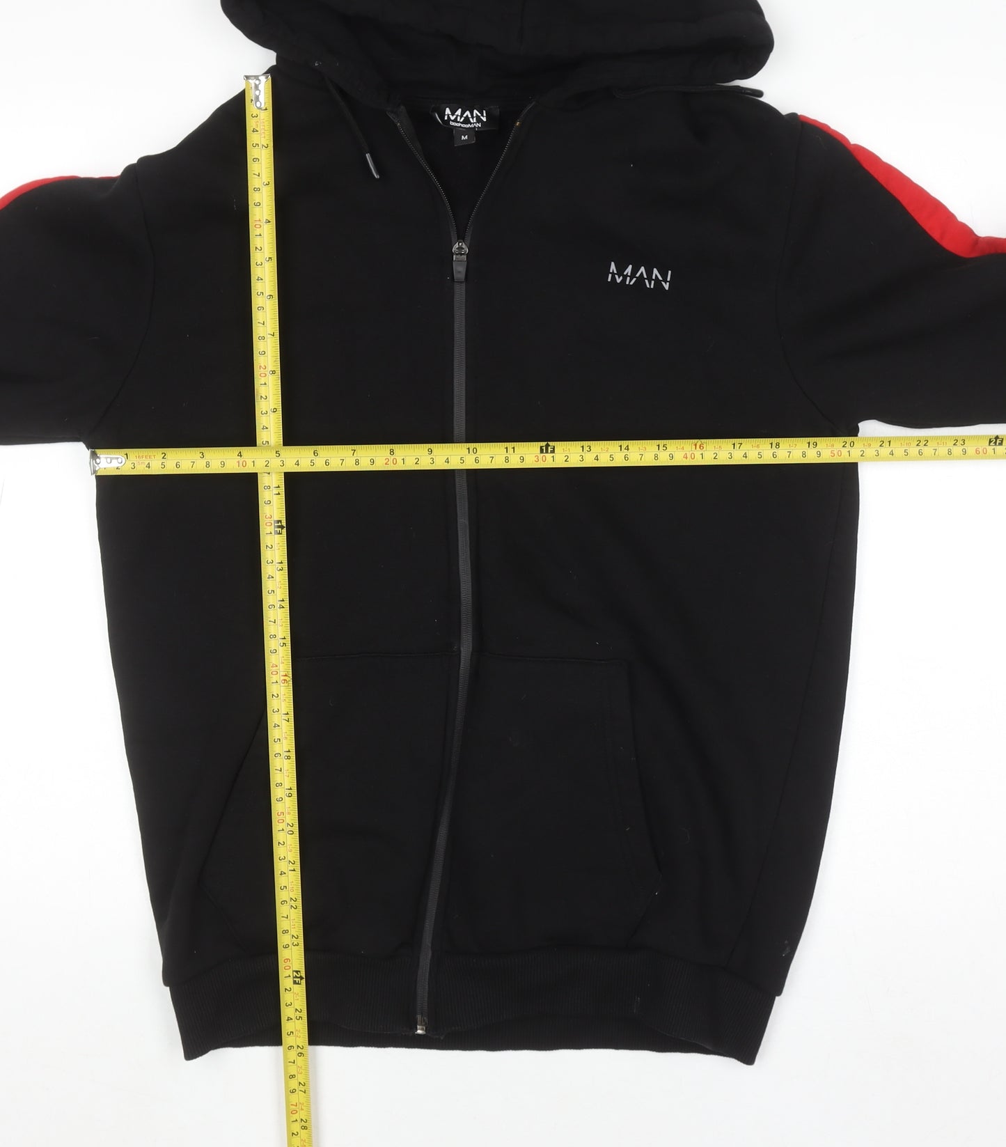 boohooMAN Men's Black Full Zip Hoodie Size M with Red Stripe Detail