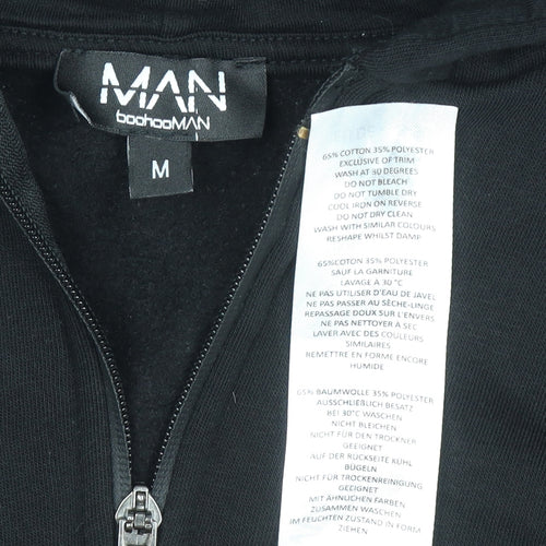 boohooMAN Men's Black Full Zip Hoodie Size M with Red Stripe Detail