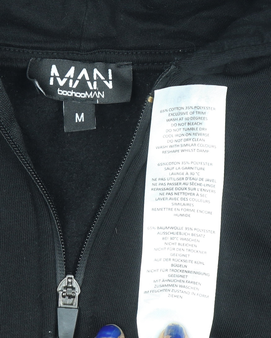 boohooMAN Men's Black Full Zip Hoodie Size M with Red Stripe Detail