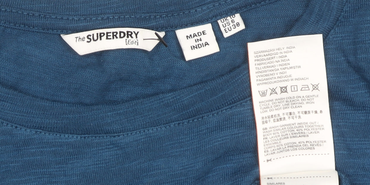 Superdry Women Blue Long Sleeve Cotton Blend Jersey T-Shirt Size 10
