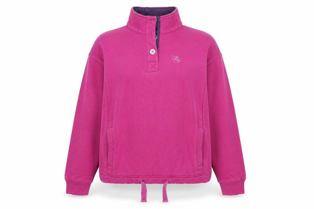 Front view of Sherwood Forest women’s purple half zip pullover sweatshirt, size UK 16