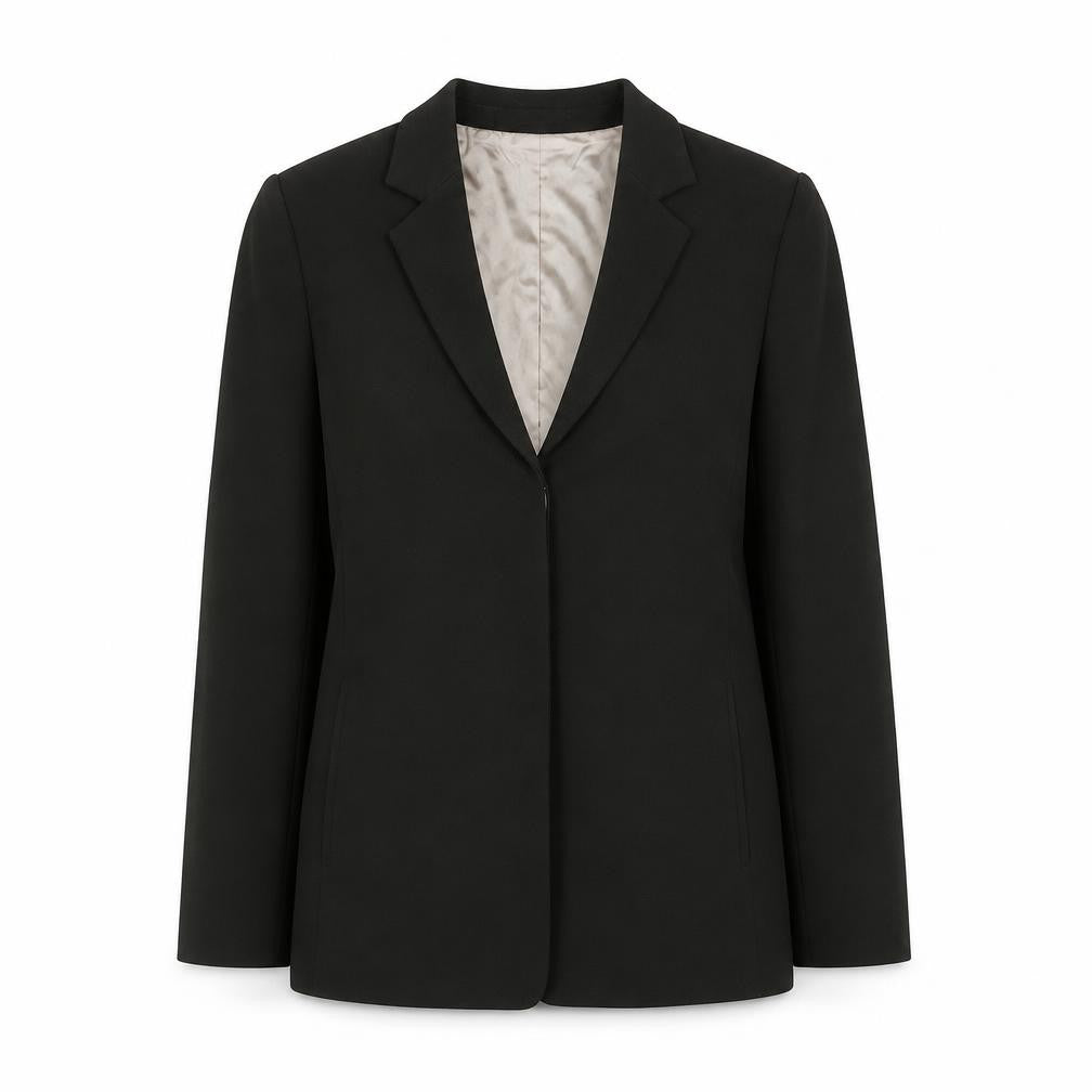 Front view of Jigsaw Women's Black Wool Blend Blazer Jacket, size 8, Classic Lined