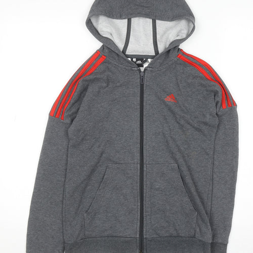 Adidas Boys Grey Full Zip Hoodie 11-12 Years Cotton Blend Red Stripes