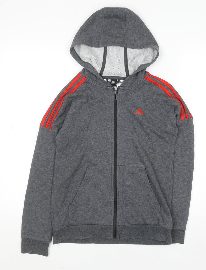 Adidas Boys Grey Full Zip Hoodie 11-12 Years Cotton Blend Red Stripes