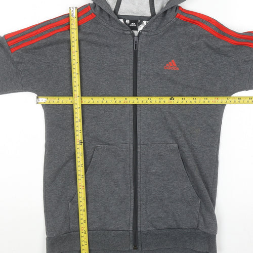 Adidas Boys Grey Full Zip Hoodie 11-12 Years Cotton Blend Red Stripes